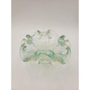 Vintage Murano Glass Bowl Ruffled Rim Bullicante Clear With Aqua Green Tint MCM